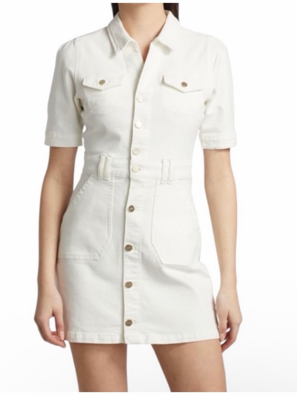 PAIGE White Mayslie Short-Sleeve Button-Front Denim Dress